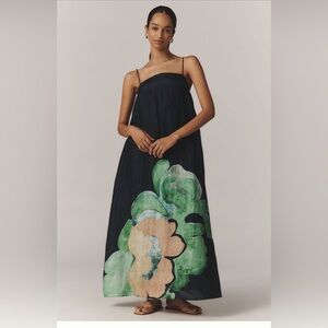 Anthropologie Black Dress with Green and Yellow Floral Design